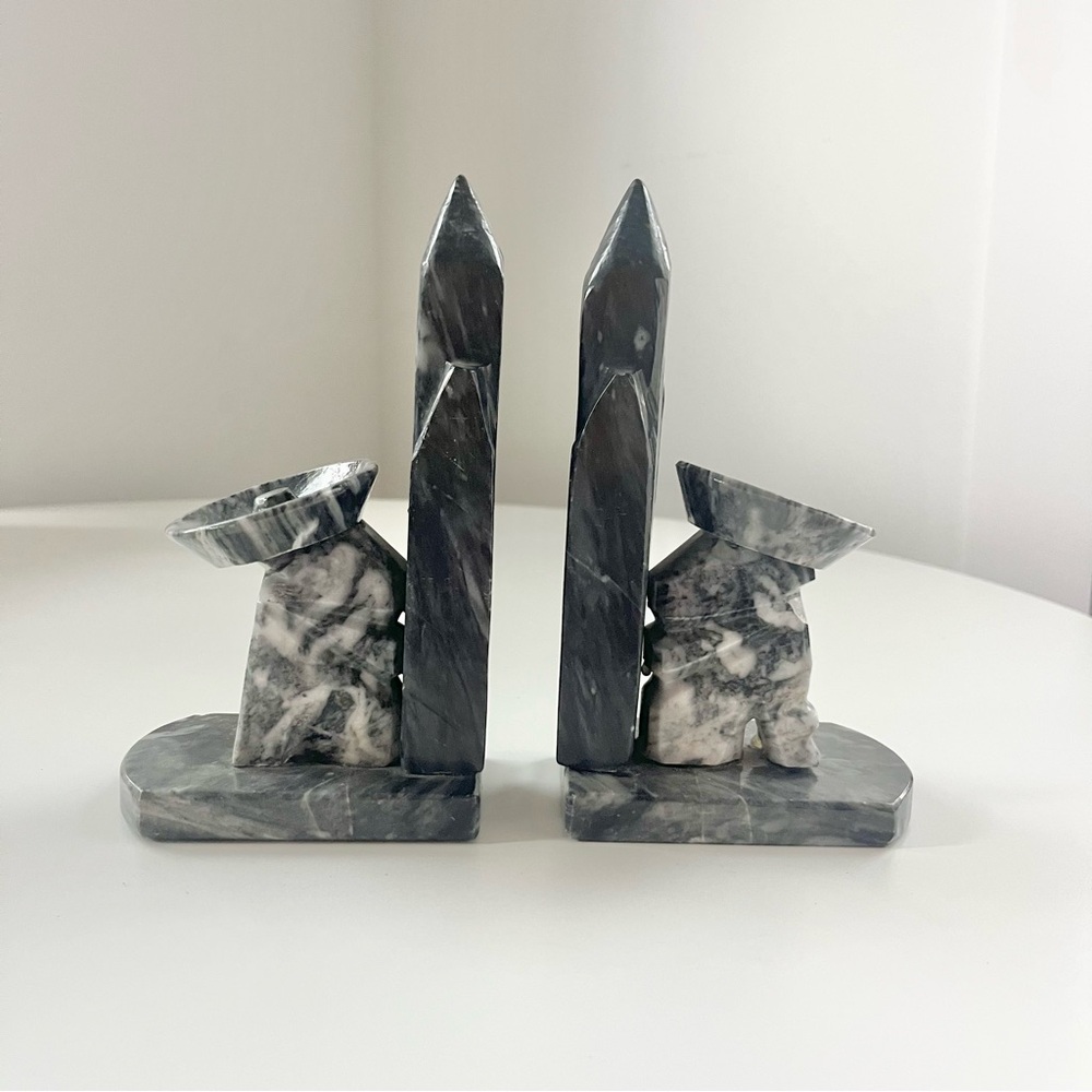 Vtg Mexican Onyx Carved Bookends Marble Southwest Cactus Siesta Sombrero Gray